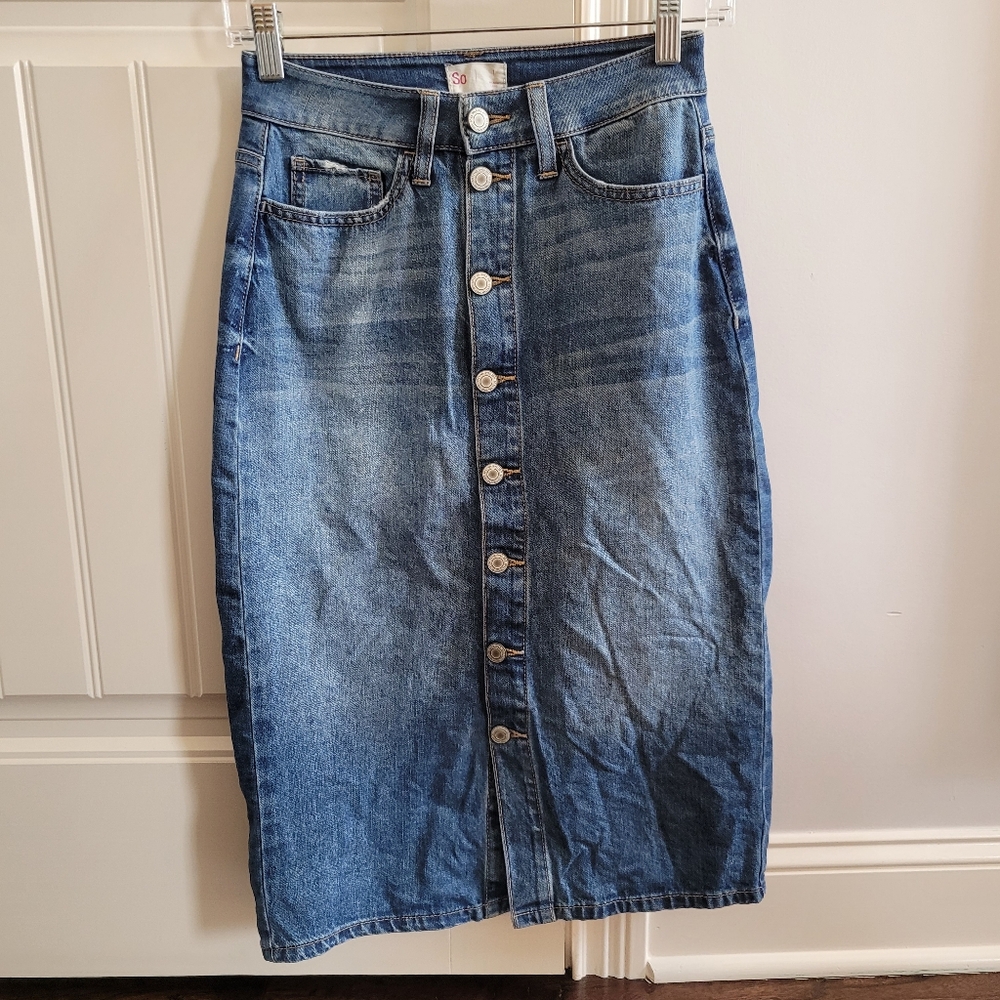 SO jean skirt midi modest button up pencil light wash fall boho